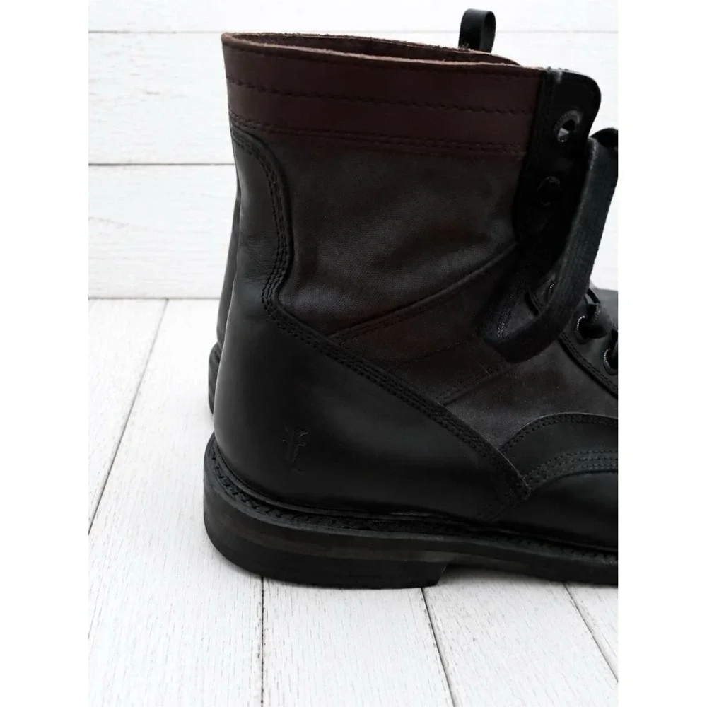 Frye Warren Combat Boots Mens 8.5 D Black Leather Canvas Mixed Media Lug Sole